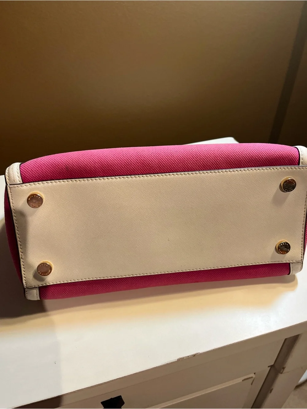 Michael Kors Pink Canvas White Leather Trim Satchel Bag